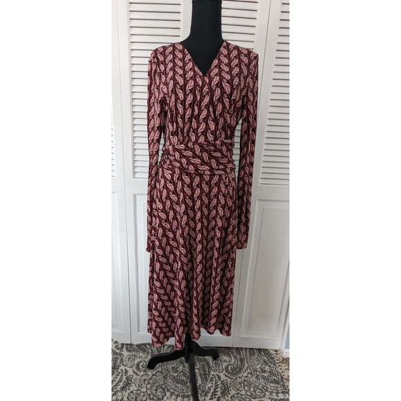 Max & Cleo Dress Womens sz M Pink Brown Leaf Print Faux Wrap Stretch Fit Flare - Picture 1 of 11